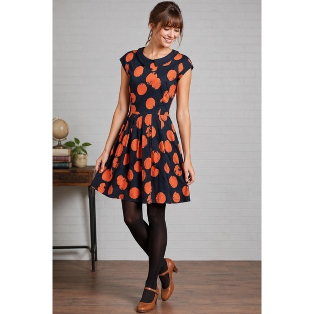 Louche Orange Polka Dot Fit & Flare Dress US 8 UK 12 Mod Retro Peter Pan Collar